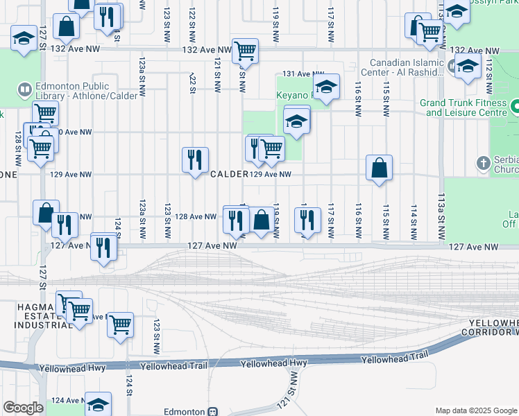 map of restaurants, bars, coffee shops, grocery stores, and more near 12721 120 Street Northwest in Edmonton