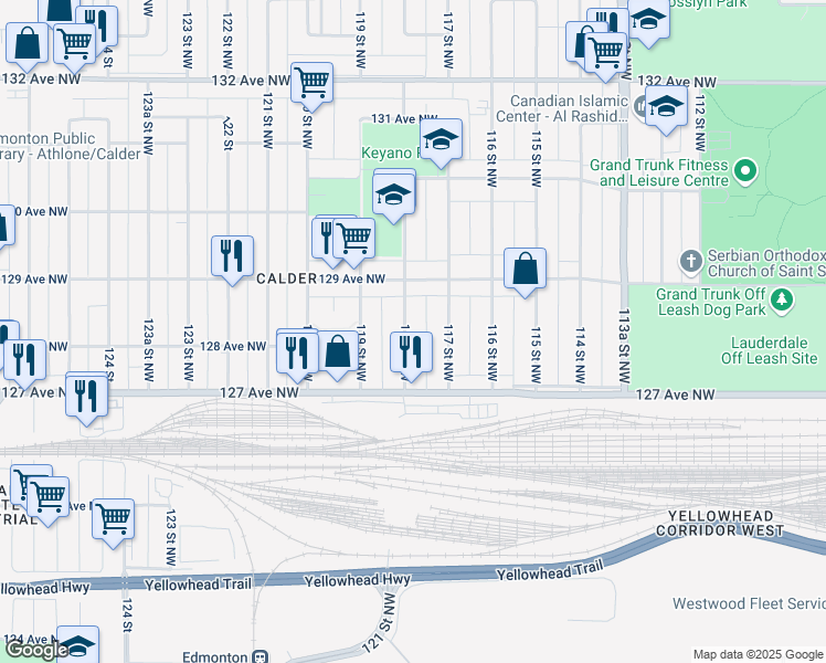 map of restaurants, bars, coffee shops, grocery stores, and more near 12743 118 Street Northwest in Edmonton