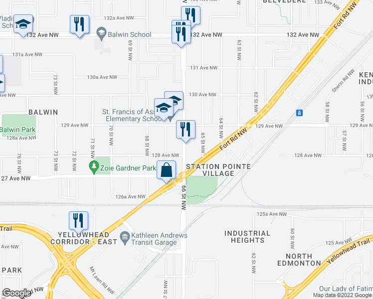 map of restaurants, bars, coffee shops, grocery stores, and more near 12746 Fort Road Northwest in Edmonton