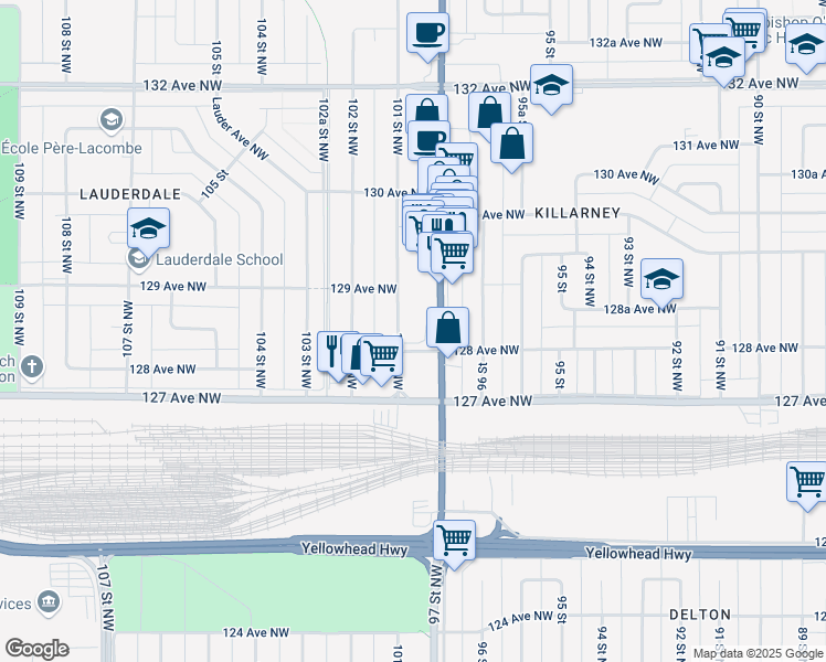 map of restaurants, bars, coffee shops, grocery stores, and more near 9705 128 Avenue Northwest in Edmonton