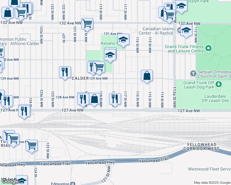 map of restaurants, bars, coffee shops, grocery stores, and more near 12743 118 Street Northwest in Edmonton