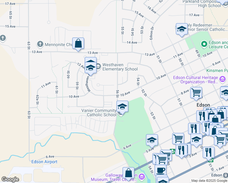 map of restaurants, bars, coffee shops, grocery stores, and more near 1015 57 Street in Edson