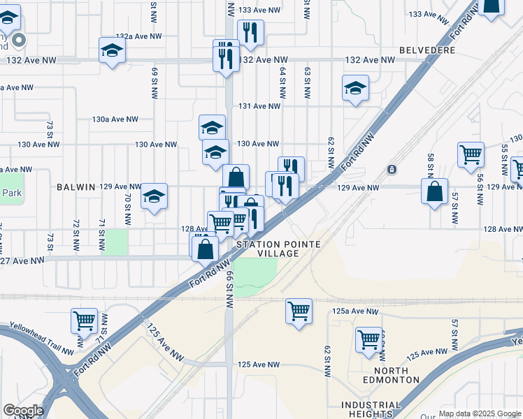 map of restaurants, bars, coffee shops, grocery stores, and more near 12820 64 Street Northwest in Edmonton