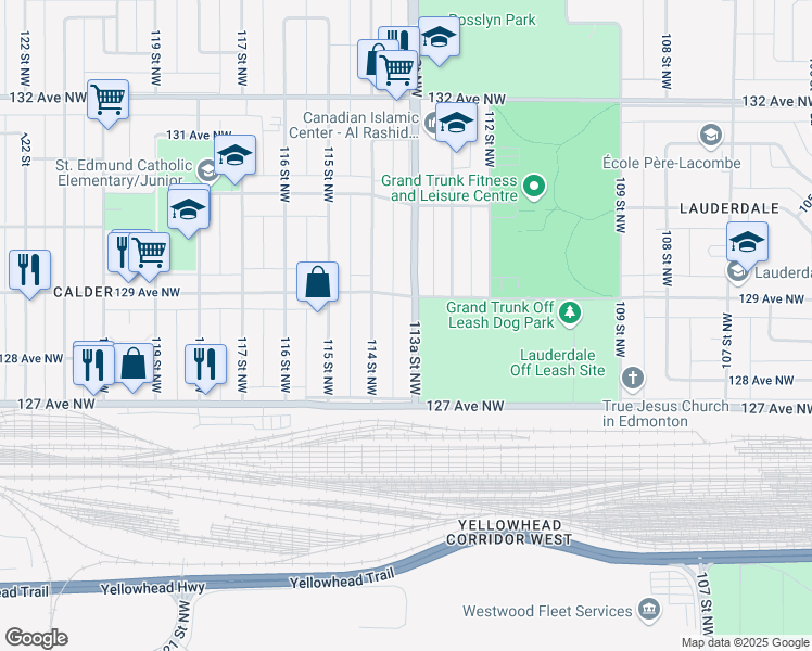 map of restaurants, bars, coffee shops, grocery stores, and more near 12766 113A Street Northwest in Edmonton
