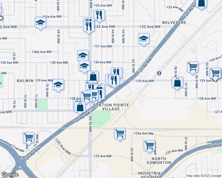 map of restaurants, bars, coffee shops, grocery stores, and more near 12820 64 Street Northwest in Edmonton