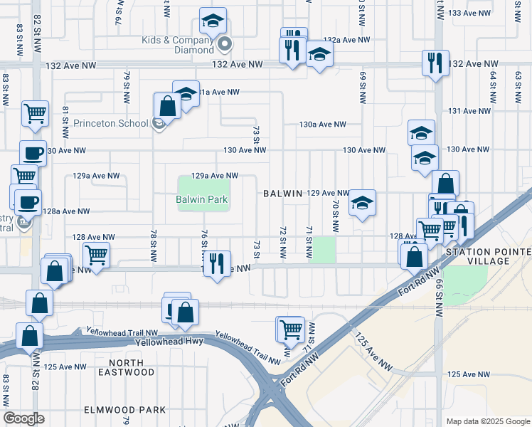 map of restaurants, bars, coffee shops, grocery stores, and more near 12904 73 Street Northwest in Edmonton