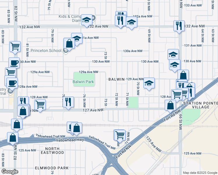 map of restaurants, bars, coffee shops, grocery stores, and more near 12904 73 Street Northwest in Edmonton