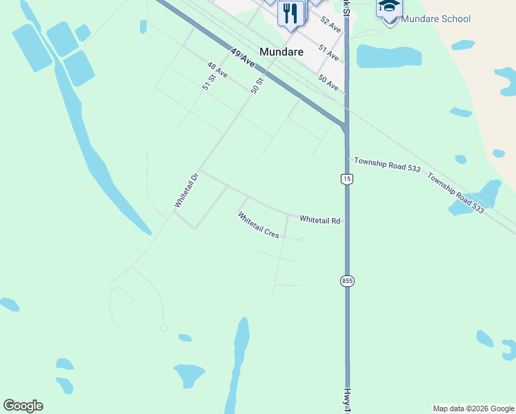 map of restaurants, bars, coffee shops, grocery stores, and more near 21 Whitetail Road in Mundare