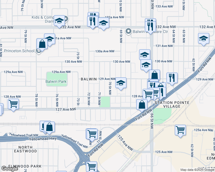 map of restaurants, bars, coffee shops, grocery stores, and more near 12852 70 Street Northwest in Edmonton