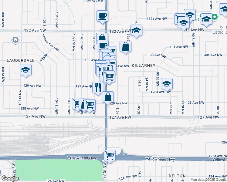 map of restaurants, bars, coffee shops, grocery stores, and more near in Edmonton