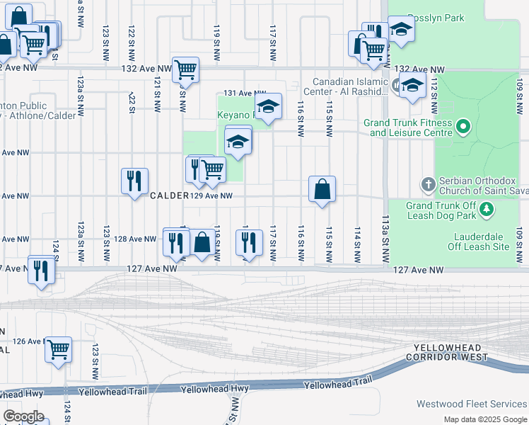 map of restaurants, bars, coffee shops, grocery stores, and more near 11719 129 Avenue Northwest in Edmonton