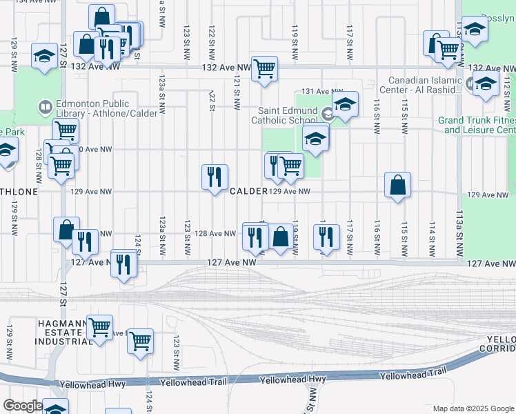 map of restaurants, bars, coffee shops, grocery stores, and more near 12830 120 Street in Edmonton