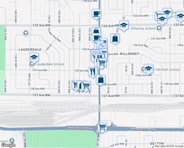map of restaurants, bars, coffee shops, grocery stores, and more near 12845 101 Street Northwest in Edmonton