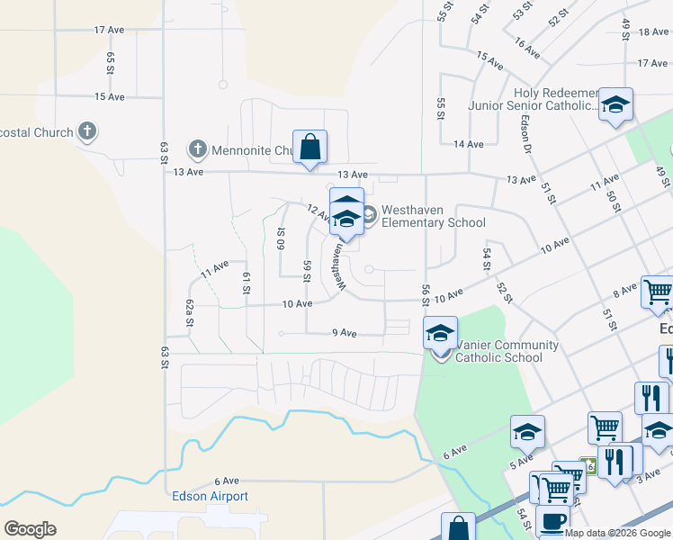 map of restaurants, bars, coffee shops, grocery stores, and more near 5722 11 Avenue in Edson