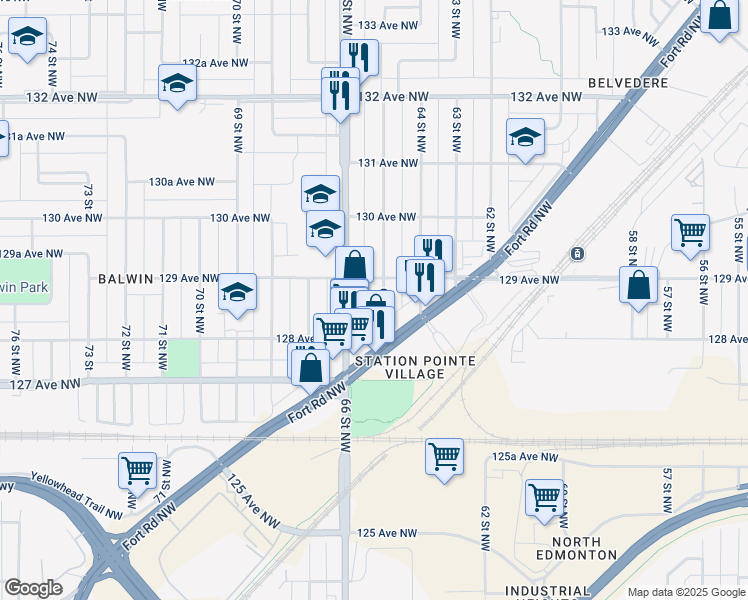 map of restaurants, bars, coffee shops, grocery stores, and more near 12838 65 Street Northwest in Edmonton