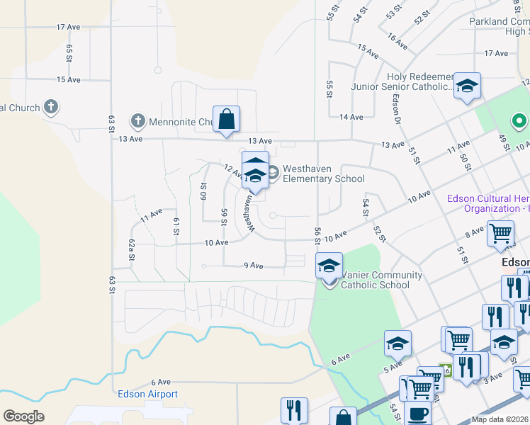 map of restaurants, bars, coffee shops, grocery stores, and more near 5722 11 Avenue in Edson