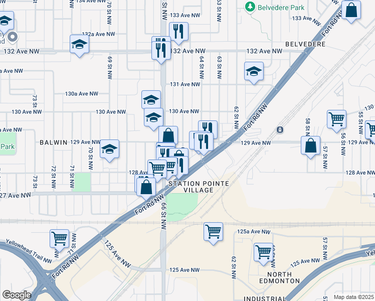 map of restaurants, bars, coffee shops, grocery stores, and more near 12820 64 Street Northwest in Edmonton