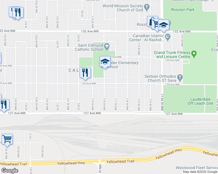 map of restaurants, bars, coffee shops, grocery stores, and more near 11719 129 Avenue Northwest in Edmonton