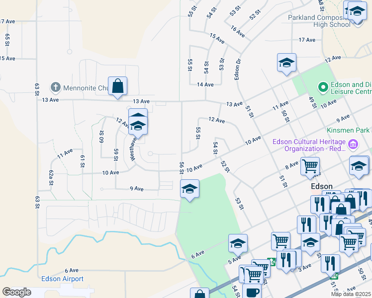 map of restaurants, bars, coffee shops, grocery stores, and more near 1015 56 Street in Edson