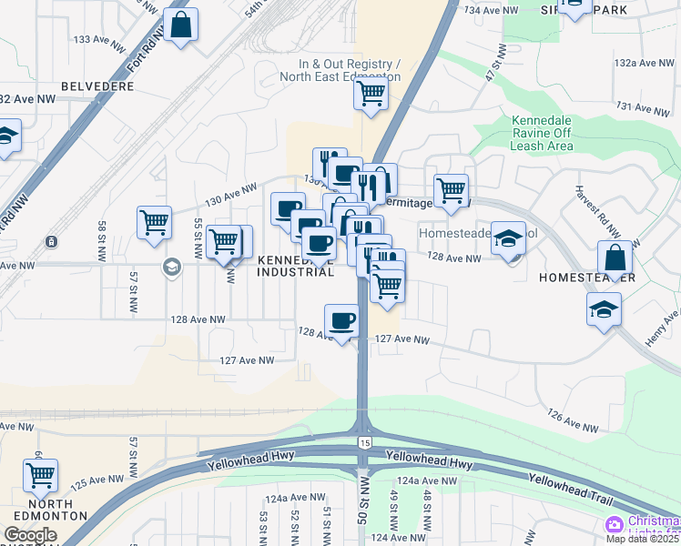 map of restaurants, bars, coffee shops, grocery stores, and more near 5035 129 Avenue Northwest in Edmonton