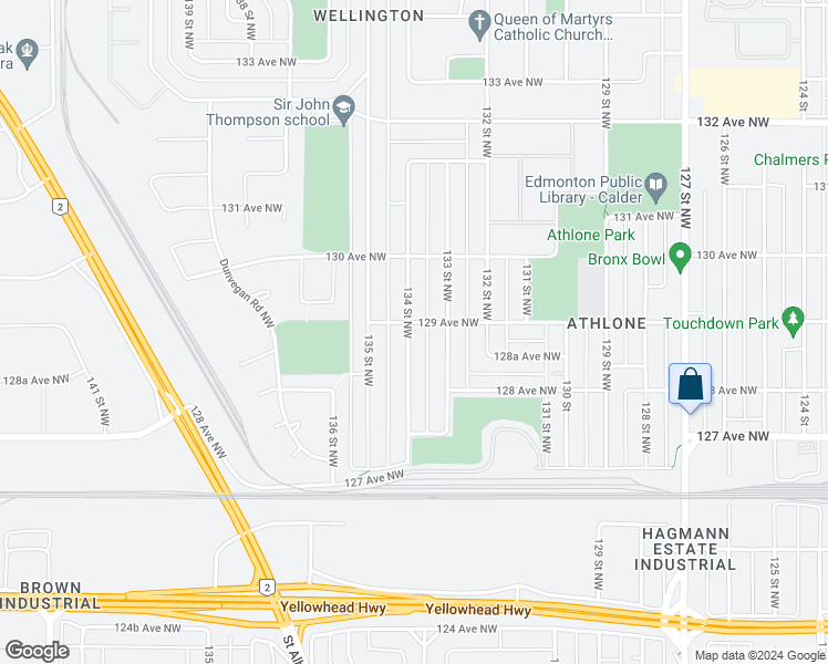 map of restaurants, bars, coffee shops, grocery stores, and more near 12847 134 Street Northwest in Edmonton
