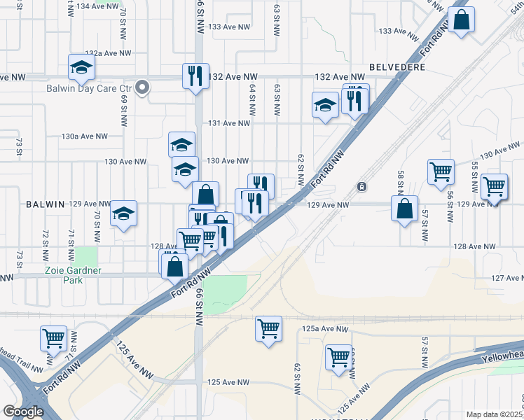 map of restaurants, bars, coffee shops, grocery stores, and more near 12890 Fort Road Northwest in Edmonton