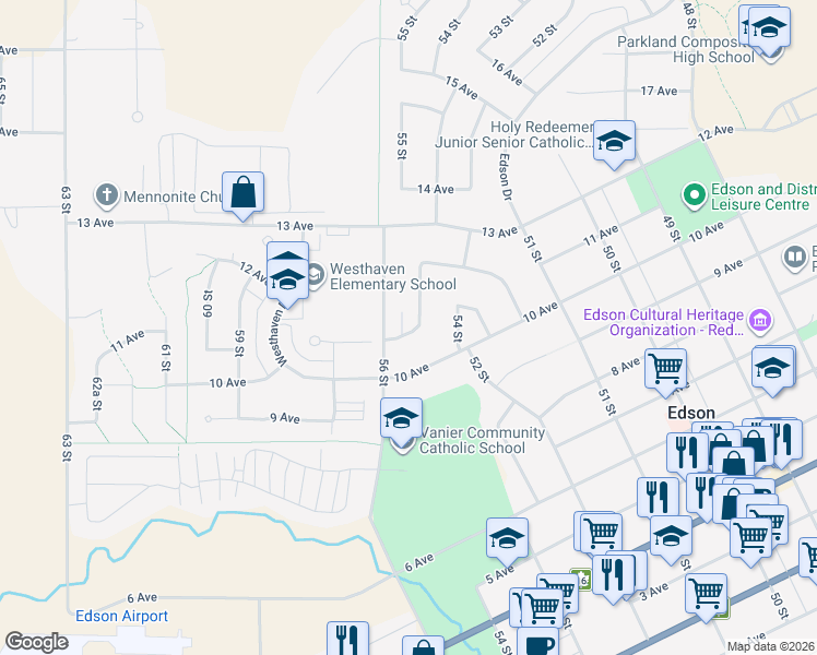 map of restaurants, bars, coffee shops, grocery stores, and more near 1102 55 Street in Edson