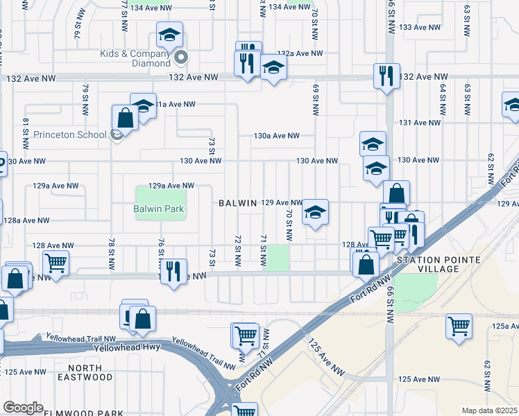 map of restaurants, bars, coffee shops, grocery stores, and more near 7103 129 Avenue Northwest in Edmonton