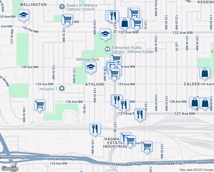 map of restaurants, bars, coffee shops, grocery stores, and more near 12709 129 Avenue Northwest in Edmonton