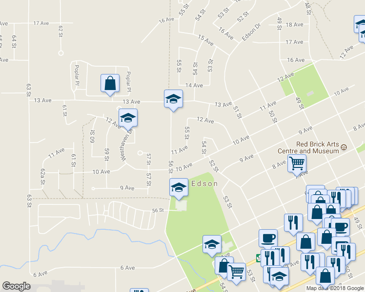 map of restaurants, bars, coffee shops, grocery stores, and more near 1102 55 Street in Edson