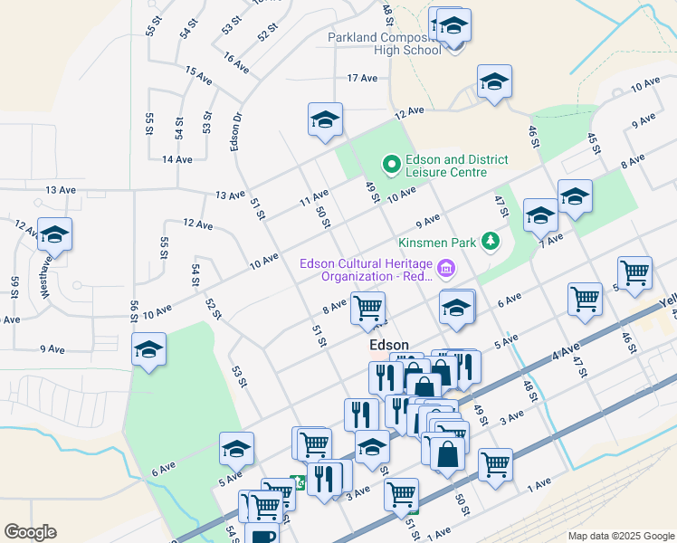 map of restaurants, bars, coffee shops, grocery stores, and more near 822 50 Street in Edson