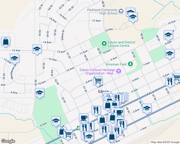 map of restaurants, bars, coffee shops, grocery stores, and more near 822 50 Street in Edson