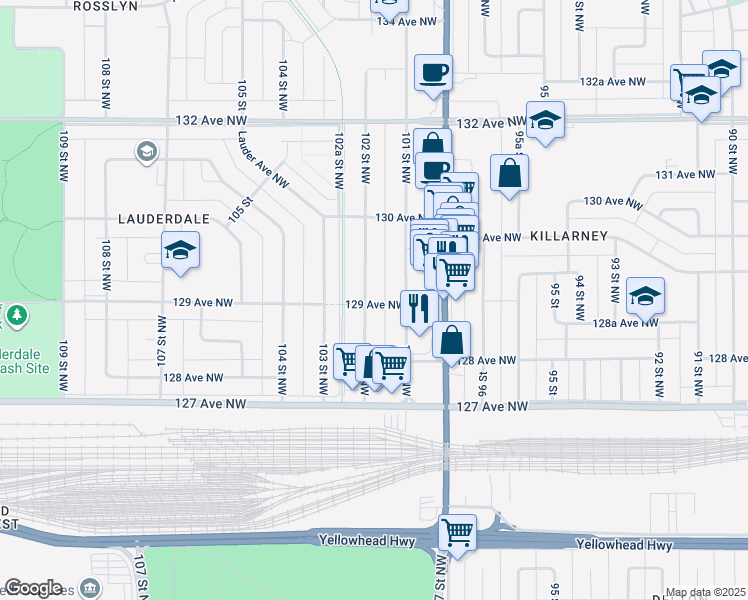 map of restaurants, bars, coffee shops, grocery stores, and more near 10110 129 Avenue Northwest in Edmonton