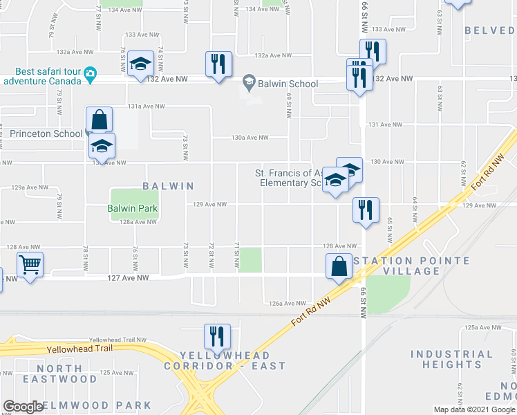 map of restaurants, bars, coffee shops, grocery stores, and more near 12852 70 Street Northwest in Edmonton