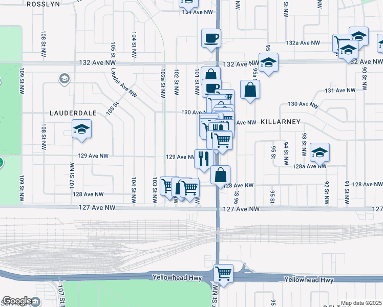 map of restaurants, bars, coffee shops, grocery stores, and more near 10106 129 Avenue Northwest in Edmonton