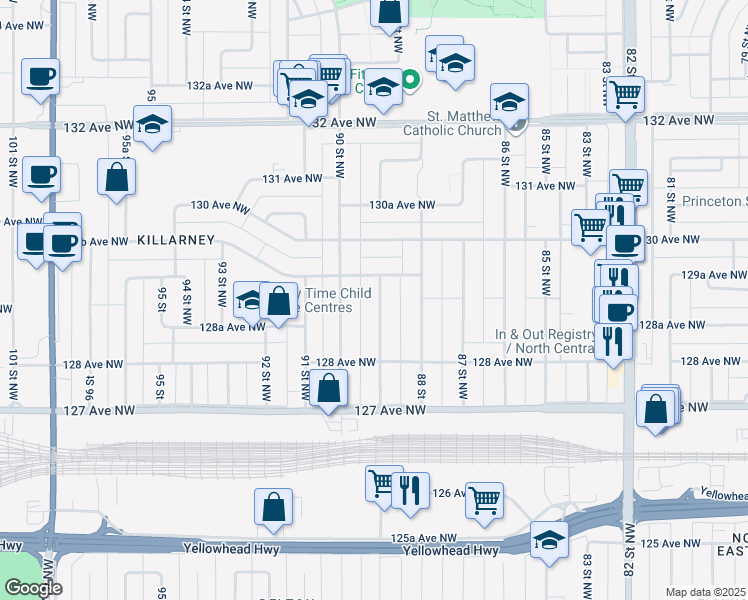 map of restaurants, bars, coffee shops, grocery stores, and more near 12846 89 Street Northwest in Edmonton