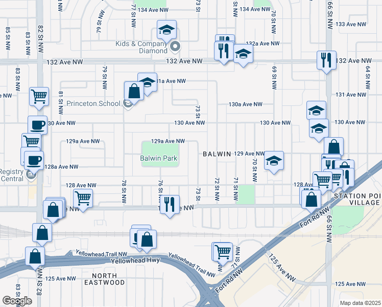 map of restaurants, bars, coffee shops, grocery stores, and more near 12904 73 Street Northwest in Edmonton