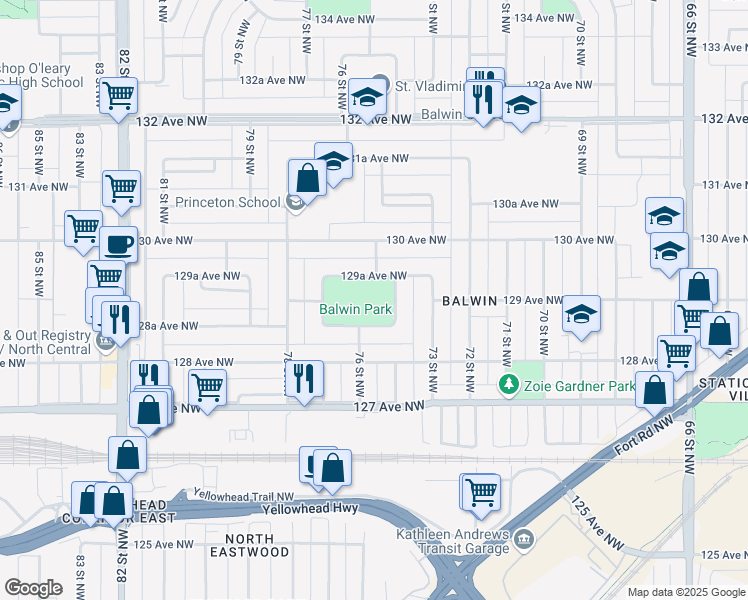 map of restaurants, bars, coffee shops, grocery stores, and more near 12904 74 Street Northwest in Edmonton