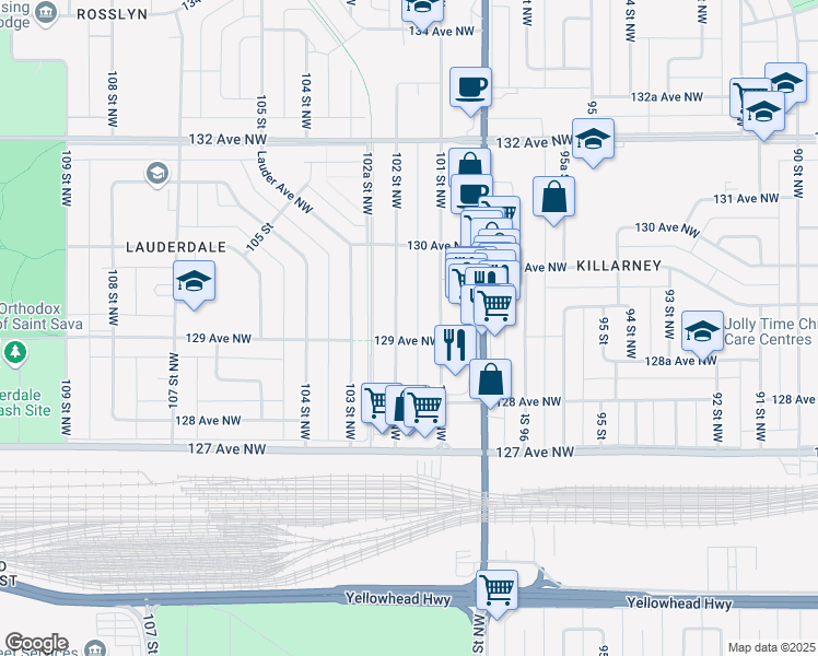 map of restaurants, bars, coffee shops, grocery stores, and more near 10106 129 Avenue Northwest in Edmonton