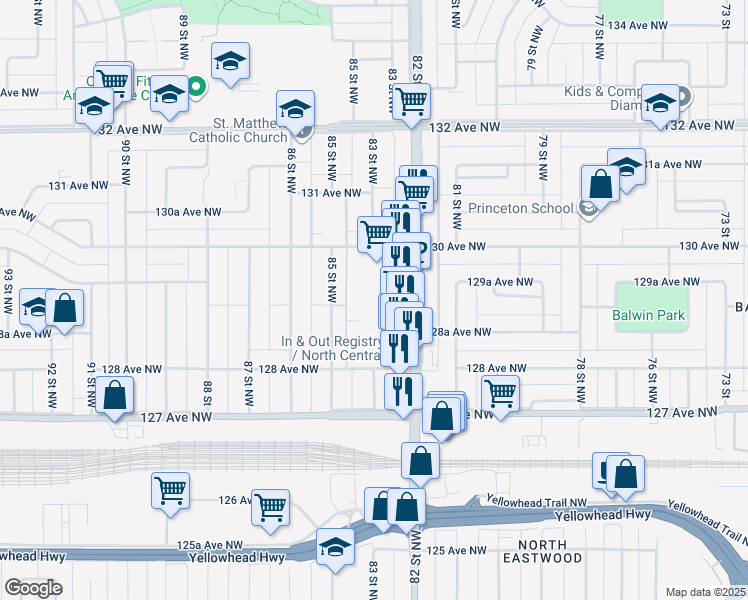 map of restaurants, bars, coffee shops, grocery stores, and more near 12865 83 Street Northwest in Edmonton