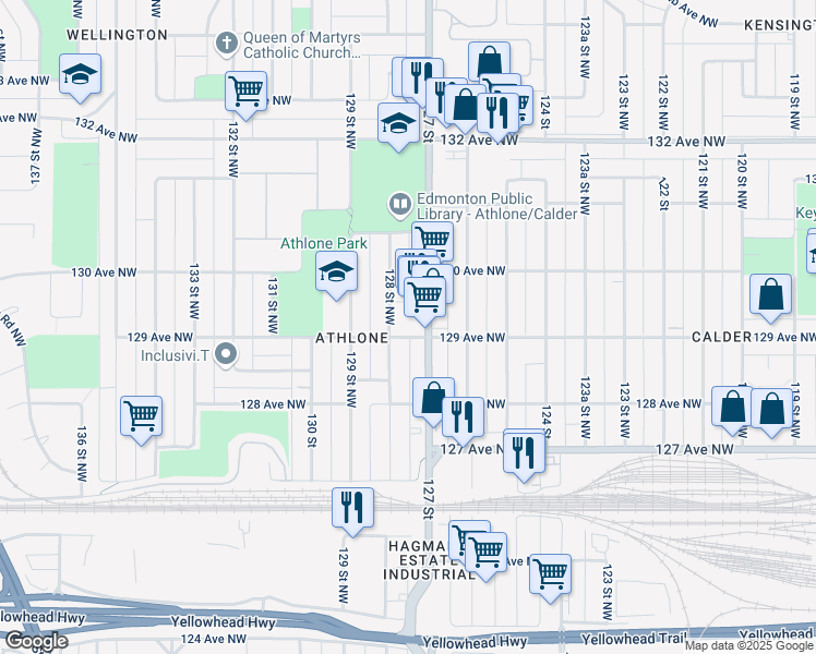 map of restaurants, bars, coffee shops, grocery stores, and more near 12709 129 Avenue Northwest in Edmonton