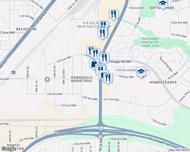 map of restaurants, bars, coffee shops, grocery stores, and more near 5035 129 Avenue Northwest in Edmonton