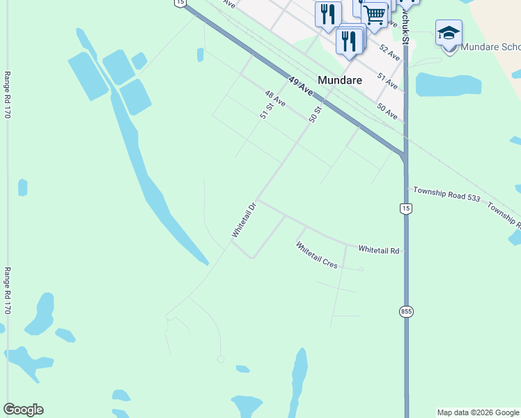 map of restaurants, bars, coffee shops, grocery stores, and more near 7 Whitetail Drive in Mundare