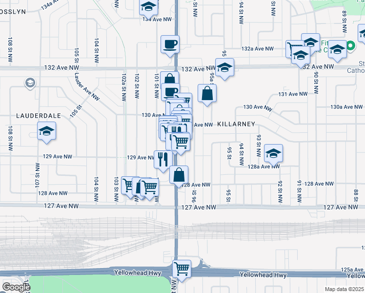 map of restaurants, bars, coffee shops, grocery stores, and more near in Edmonton