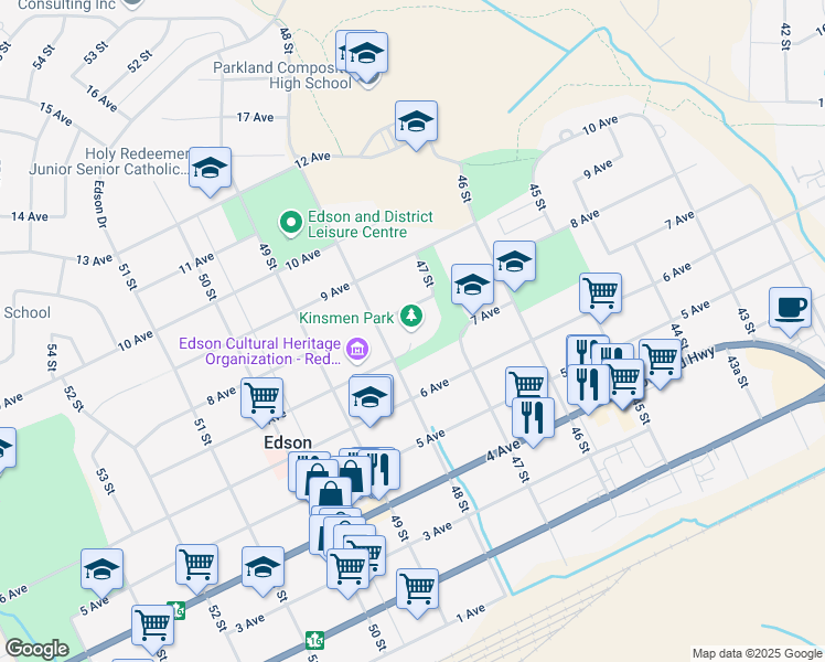 map of restaurants, bars, coffee shops, grocery stores, and more near 4740 7 Avenue in Edson