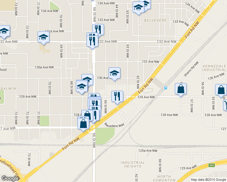 map of restaurants, bars, coffee shops, grocery stores, and more near 12820 64 Street Northwest in Edmonton