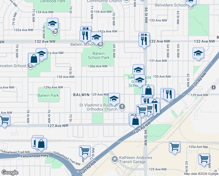map of restaurants, bars, coffee shops, grocery stores, and more near 6908 129 Avenue Northwest in Edmonton