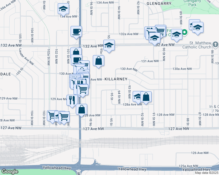 map of restaurants, bars, coffee shops, grocery stores, and more near in Edmonton