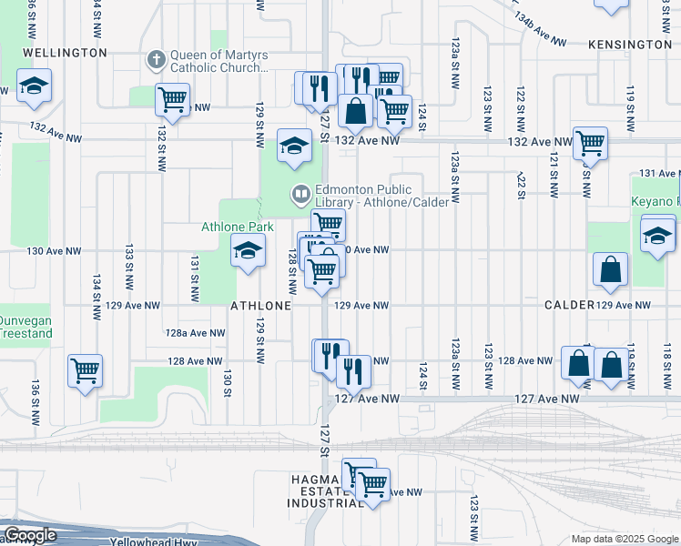 map of restaurants, bars, coffee shops, grocery stores, and more near 12922 127 Street Northwest in Edmonton