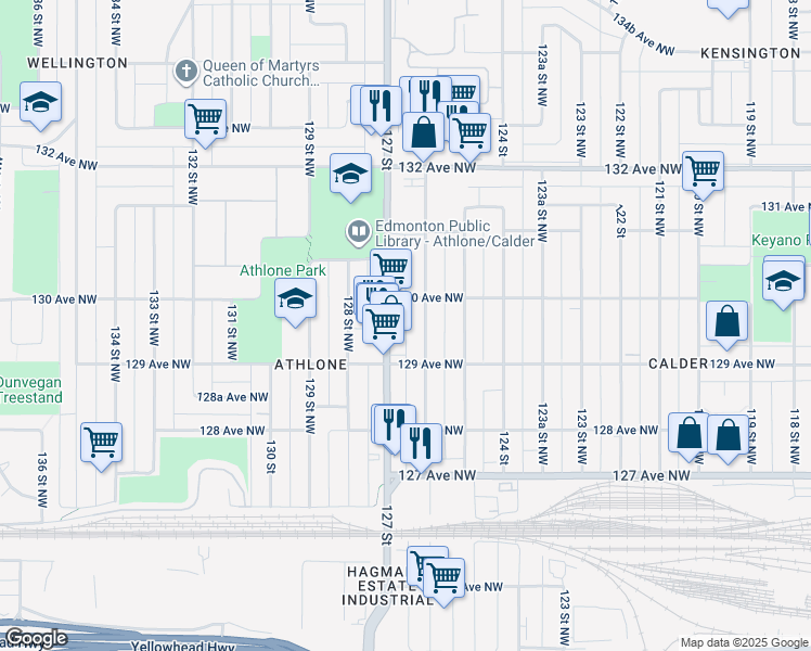 map of restaurants, bars, coffee shops, grocery stores, and more near 12943 127 Street Northwest in Edmonton